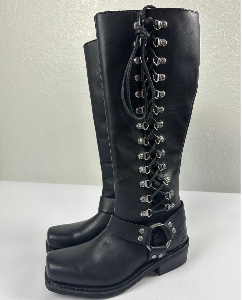Harley Davidson Romy Black Leather Knee High Motorcycle Riding Boots 8.5M D87020